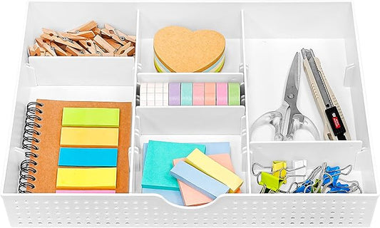 CAXXA 3 Slot Drawer Organizer with 4 Adjustable Dividers - Drawer Storage 7 Compartments Junk Drawer Organizer for Office Desk Supplies and Accessories, White-NeatNest