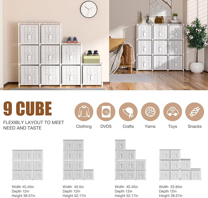 9 Cube Storage Organizer with Printed Drawers, Toy Cubby Storage for Closet, Living Room, Dorm - White-NeatNest