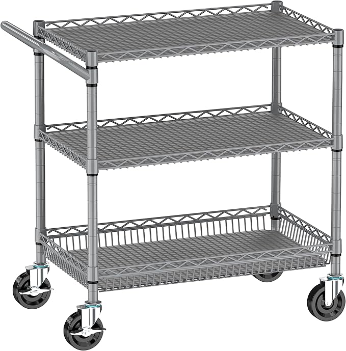 Rolling Cart with Wheels, Heavy Duty 3 Tier Metal Utility Cart 990lbs Capacity, Multi-Purpose Wire Rolling Storage Trolley for Kitchen Garage Office Commercial Use, Gray