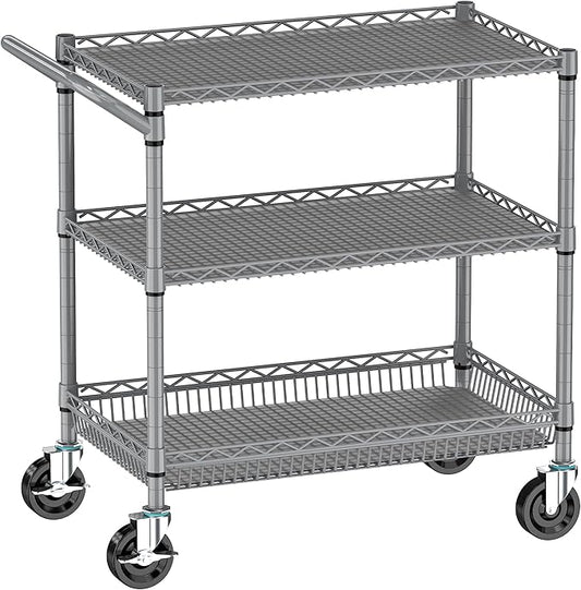 Rolling Cart with Wheels, Heavy Duty 3 Tier Metal Utility Cart 990lbs Capacity, Multi-Purpose Wire Rolling Storage Trolley for Kitchen Garage Office Commercial Use, Gray