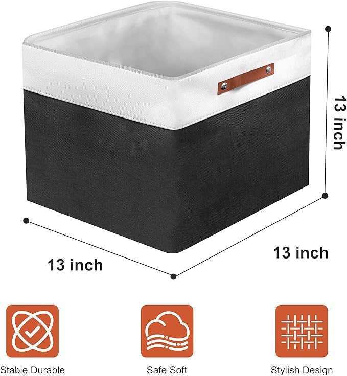 13in Open Fabric Storage Basket with Leather Handles for Organizing, Collapsible Linen Closet Bins for Shelves, Closets, Laundry, Decorative Basket for Gifts. (White＆Black, 2PCS/13x13in)-NeatNest