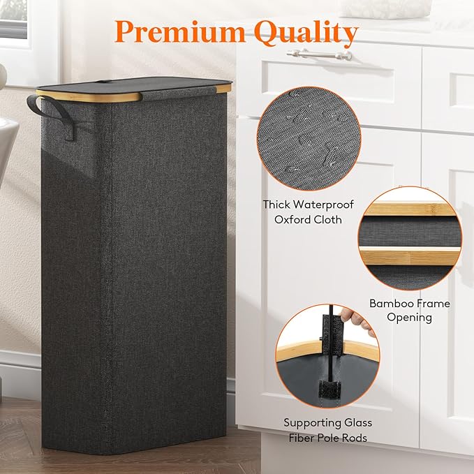 Lifewit 65L Slim Laundry Hamper with Lid, Narrow Laundry Basket with Removable Bag & Bamboo Handles, Fodable Thin Dirty Clothes Hamper for Laundry Collapsible Bin for Bathroom Bedroom Dorm, Dark Gray-NeatNest