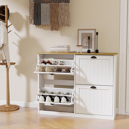 RASOO Shoe Storage Cabinet with 4 Flip Drawers, Freestanding Farmhouse Shoes Organizer Cabinets for Entryway Slim Shoe Rack Cabinet with Adjustable Shelf & Anti-Tipping, White-NeatNest
