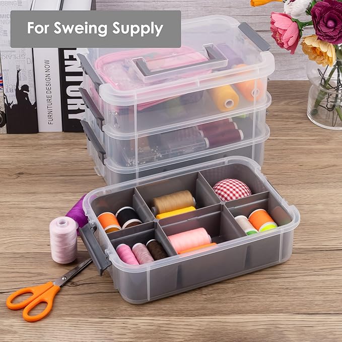 Grey&White Modern Plastic Storage Box - 4-Layer Durable Craft Storage Containers with 2 Removable Trays for Arts & Crafts Supplies, Sewing, Office, Seasonal Decor