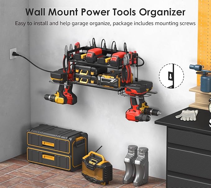 CCCEI Garage Tools Storage with Charging Station. Power Tool Battery Organizer Utility Shelf with Power Strip. 4 Drills Holder Wall Mount Rack, Black.-NeatNest