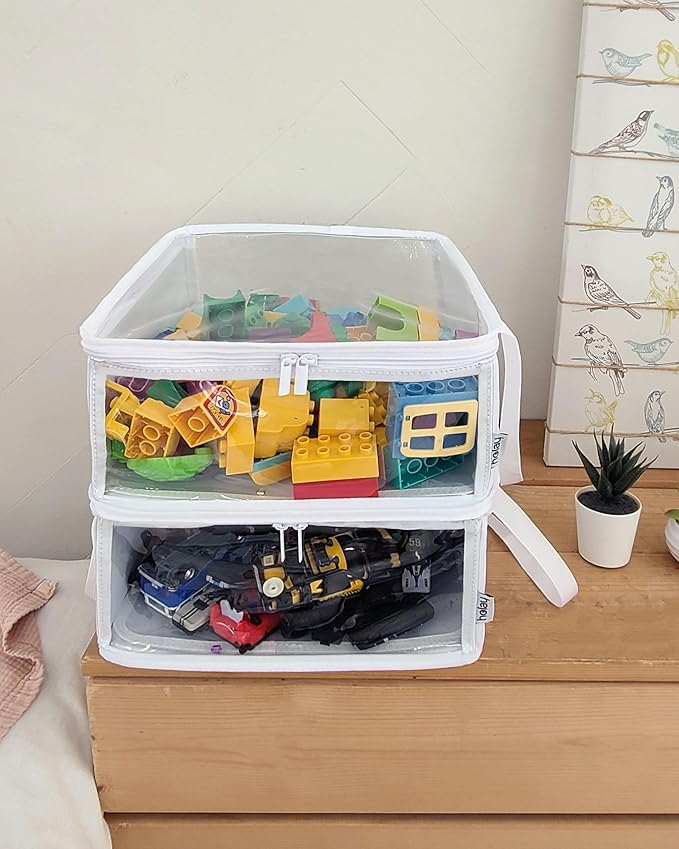 holay 2 Pack Storage Bins PVC Boxes with Transparent Lid & Handles - Durable & Foldable - Multi-Purpose Organizer for Clothes, Books, and More (White, Medium)-NeatNest