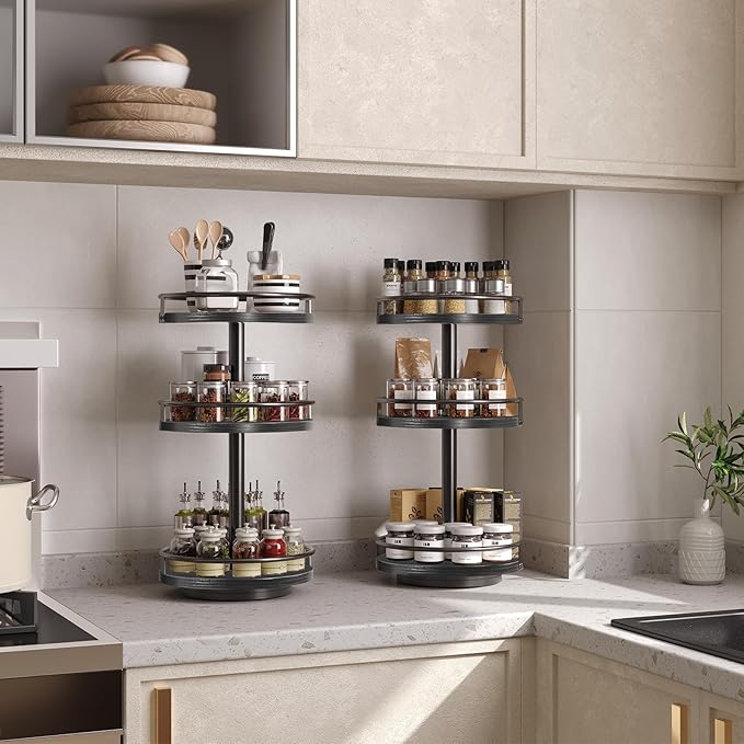 HOOBRO Lazy Susan Organizer, Rotating Spice Rack, 3-Tier Organizer, Turntable Spice Rack, Vertical Storage Organizer, for Kitchen Countertop, Vanity, Dining Table, Black BB09TL01-NeatNest