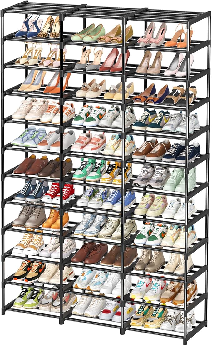 Shoe Rack Large Capacity 72 Pairs Tall Shoe Shelf, 3 Row 12 Tiers Sturdy Metal Shoe Organizer for Entryway, Closet, Bedroom, Black-NeatNest