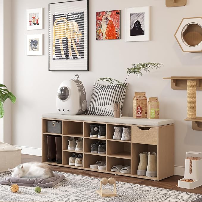 DINZI LVJ Shoe Bench, Entryway Storage Bench with Drawer and 14 Cubbies, Long Cubby Shoe Rack with Adjustable Shelves, Shoe Organizer for Living Room, Bedroom, Mudroom, Garage,Natural-NeatNest
