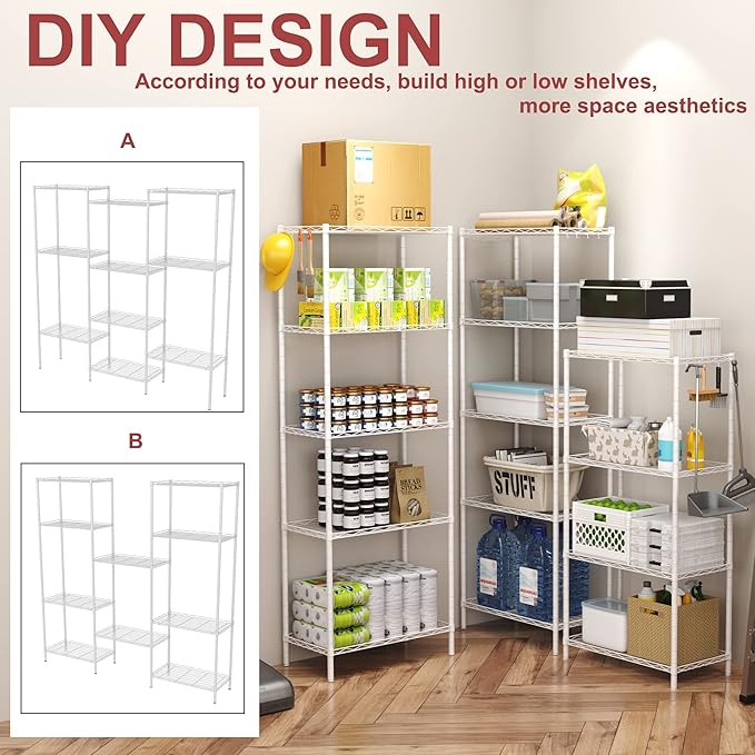 HOMEFORT 6-Shelving Unit, Adjustable Wire Shelving, Metal Wire Shelf Rack Organizer for Kitchen, Pantry, Closet, Bathroom, Laundry, White, 21" W x 11" D x 69" H