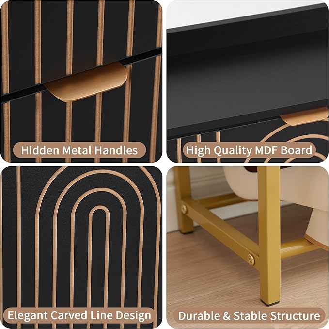LEVNARY Narrow Shoe Storage Cabinet Set of 2, Mid-Century Modern 2-Tier Wooden Shoe Rack Organizer with Carving Lines, Freestanding Hidden Shoe Cabinet for Entryway Hallway Foyer (2, Black)-NeatNest