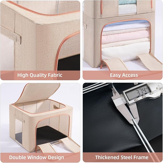 24L Stackable Clothes Storage Bins with Metal Frame Handles & Zipper, Collapsible Closet Organizer Box with Lid for Bedding Blankets Towel (Beige,1 pack)-NeatNest