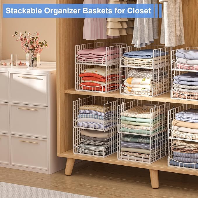4-Tier Stackable Closet Organizers and Storage Shelves, Clothes Storage Basket Sweater Organizer Bins Container for Wardrobe Kitchen Bathroom Office, White