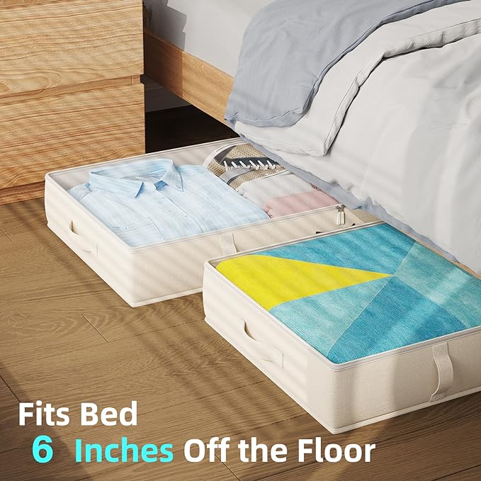 2-Pack Under Bed Storage, 6 Inches Tall Closet Organizers and Storage Bins with Sturdy Sidewalls/Bottom/4 Handles, Beige-NeatNest