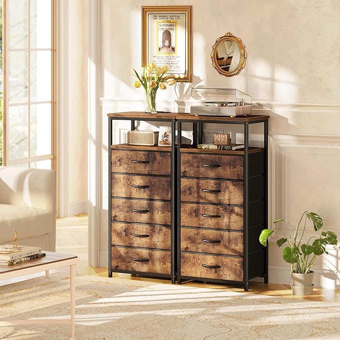Huuger 5 Drawers Dresser with Charging Station, Set of 2, Dresser for Bedroom, Tall Night Stand, Chest of Drawers with Open Shelf, Bedside Table Nightstand, Fabric, Rustic Brown