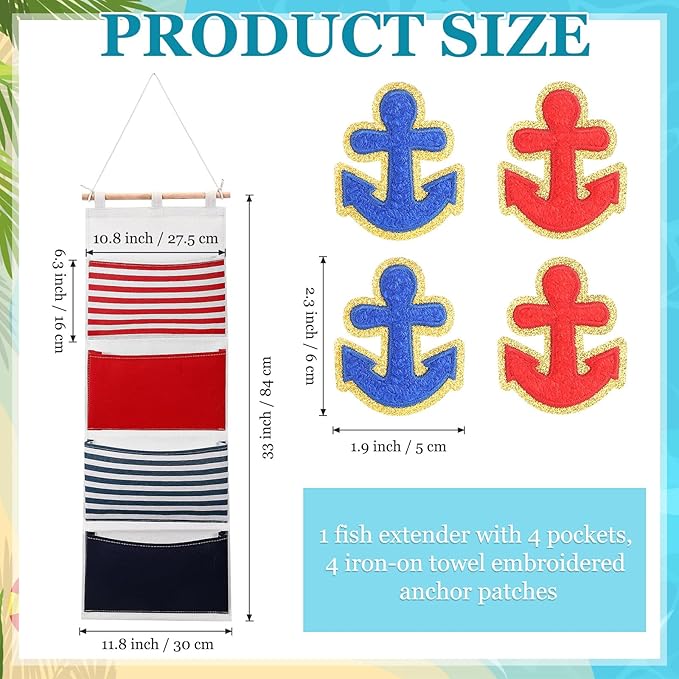 Fish Extender Cruise Gift Hanging Organizer with 4 Pockets and 4 Pcs Iron on Anchor Patches Cabin Door Hanger Storage Bag 2025 FE for Exchange Gifts and Pixie Dusting(Red, Blue)-NeatNest