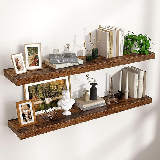Floating Shelves for Wall, 48"W x 9"D x 1.5"H, 2 Pack of Long Wall Mounted Engineered Wood Shelves with Invisible Brackets for Living Room, Bedroom, Bathroom, Kitchen Decor, Rustic Brown-NeatNest