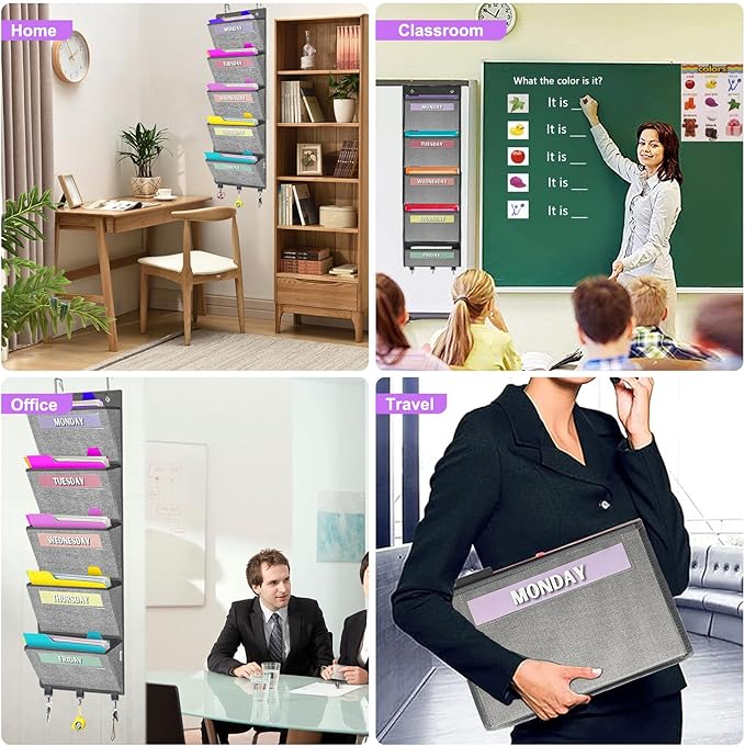 homyfort Over the Door hanging File Organizer, Weekly Hanging File Folders, Wall Organizers and Storage for Mail, Magazine, Notebooks, Office, Classroom, 5 Large Pockets, 50.39” Tall, Grey-NeatNest