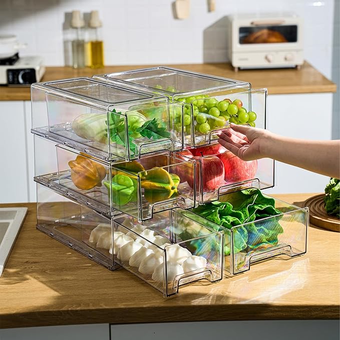 PeJeyiee 4 Pack Clear Stackable Refrigerator Organizers and Storage Drawers - Pull-Out Fridge Bins with Anti-Slip Base & Easy Clean, Plastic Organizers for Kitchen Pantry Cabinet Closet (Large)-NeatNest