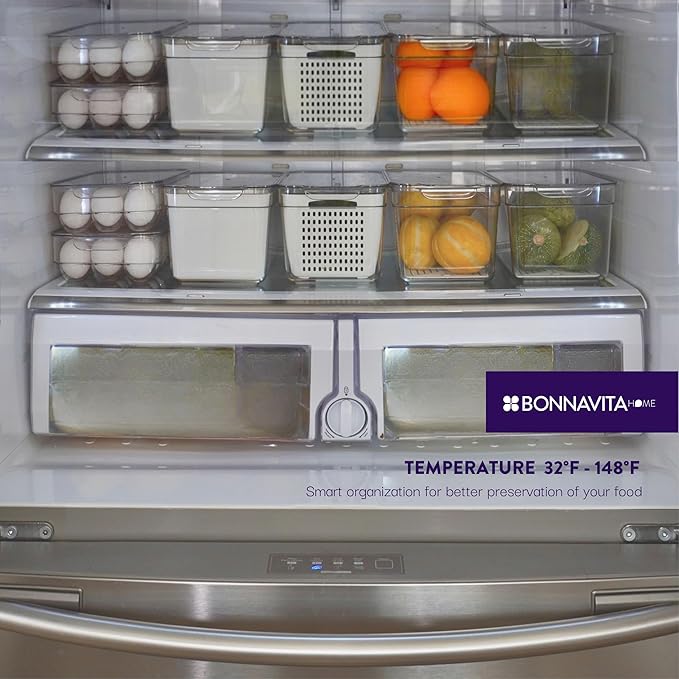 Clear Stackable Storage Containers with Lids BPA-Free Organizer Bins for Refrigerator Pantry Fridge Drawer with Colander and Dividers for Kitchen Food Preservation and Home Organization BPA Free-NeatNest