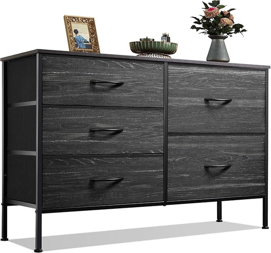 WLIVE Dresser for Bedroom with 5 Drawers, Wide Dressers with Drawer Organizers, Chest of Drawers, Fabric Dresser for Living Room, Closet, Hallway, Charcoal Black Wood Grain Print-NeatNest