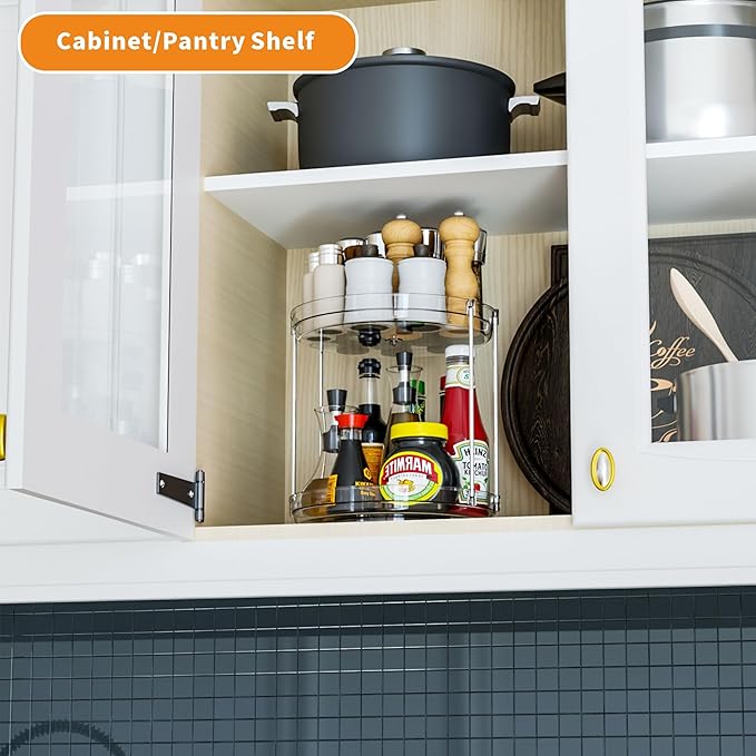 2 Tier Lazy Susan Turntable for Cabinet,Countertop,Pantry,9.5"W Spinning Seasoning Organizer,Double Rotating Kitchen Spice Rack Organizer and Condiments,Medicine,Vitamin Bottle Organizer Carousels,2Pc-NeatNest