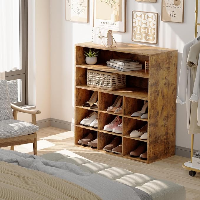 Garden 4 you Shoe Rack Organizer, 5-Tier Wood Cubby Shoe Rack with 2 Storage Shelf and 9 Cubbies, Shoe Organizer Cabinet for Entryway, Hallway, Closet and Garage,Brown-NeatNest