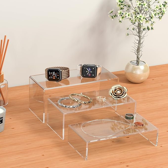 Clear Riser Shelf 3pcs, Desktop Rectangular Acrylic Display Shelves Organizer, Acrylic Stands for Funko Pop Figure, Perfumes, Bags, Shoes, Glasses, Plants, Toys, Collectibles - 8''x8.5''x9''-NeatNest