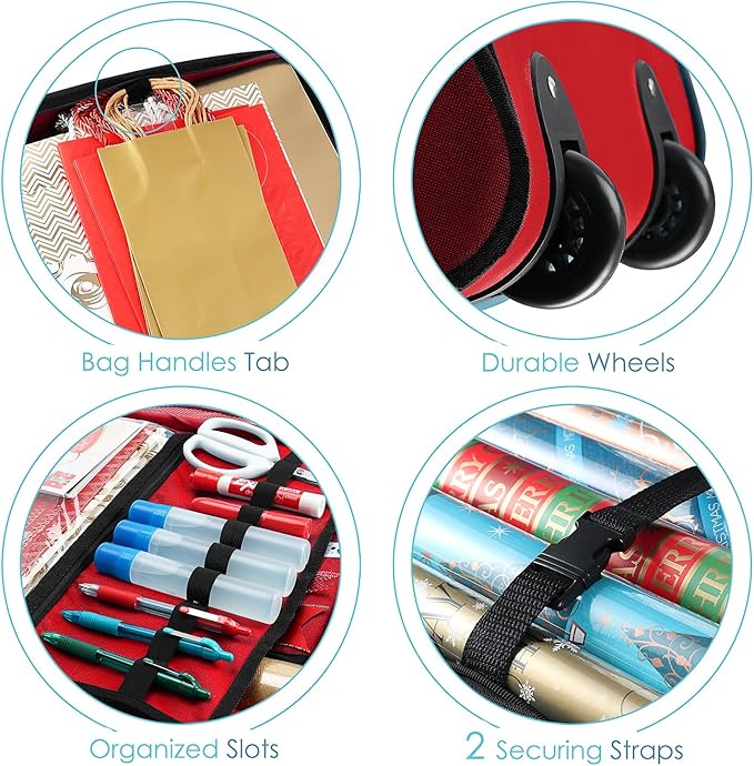 Hearth & Harbor Wrapping Paper Storage Container with Ribbon Dispenser and Interior Pockets - Large Christmas Storage Containers with Wheels, Fits 30 Rolls of 40" Length, Red-NeatNest