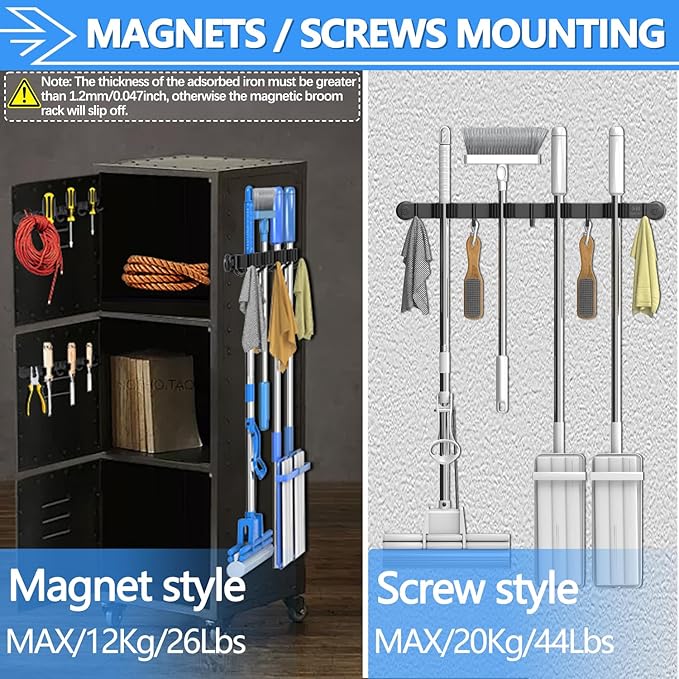 3-H Magnetic Broom Holder Wall Mounted 1 Pack, Strong Magnetic Broom Hooks 17 Inch, Heavy Duty Magnet Broom Organizer Wall Mounted, Utility Storage Tools Rack for Refrigerators Kitchen,Black
