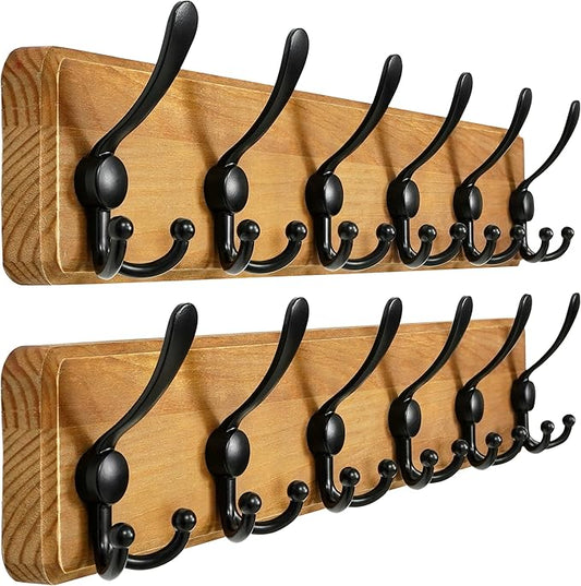 Dseap Coat Rack Wall Mounted - 24" Long 6 Tri Hooks, Heavy Duty Wooden Wall Coat Hanger Coat Hook for Clothes Hat Jacket Clothing, Weathered Brown and Black, Pack of 2