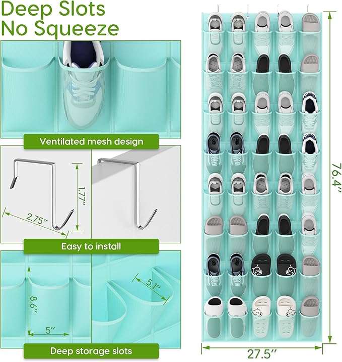Unjumbly Over the Door Shoe Organizer with 40 Large Breathable Mesh Pockets, Space Saving Shoe Holder, Hanging Shoe Rack for Entryway Bedroom Closet Storage (Mint Blue, 40 Pockets)-NeatNest
