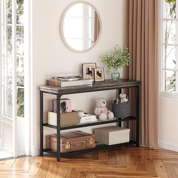 47" Console Table, 3-Tier Entryway Table, Sofa Table with Mesh Shelves, Console Tables for Living Room, Bedroom, Hallway, Entryway, Foyer, Grey-NeatNest