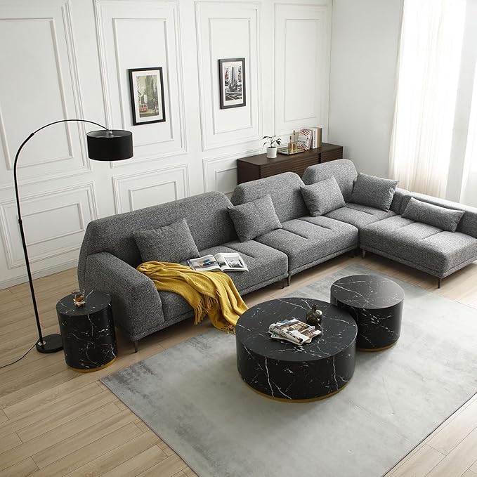 kevinplus Black Side Table End Table for Living Room, Faux Marble Grain, Black & Gold (ø15.7'' x 19.6'')