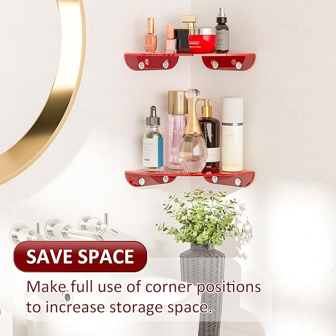 7x7 Inch Corner Shelf Wall Mount Set of 2, Red Acrylic Corner Floating Shelves, Corner Wall Organizer Shelf for Bathroom, Kitchen, Bedroom, Living Room, Dining Room, Office