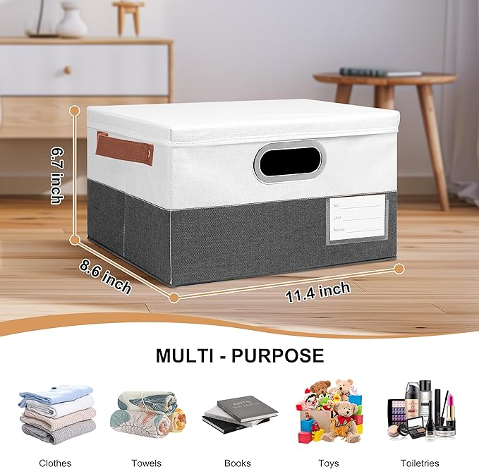 Foldable Fabric Storage Boxes with Lids, Collapsible Versatile Bins Baskets Cubes with Handles for Easy Organization in Closet, Living Room, and Bedroom (Grey & White, 3PCS/11.4 * 8.6 * 6.7in)-NeatNest
