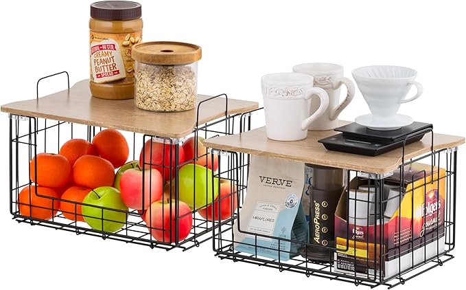 IRIS USA Wire Basket for Pantry Organizers and Storage, 2 Pack, Potato and Onion Storage, Easy Assembly, Stackable Storage Bins, Kitchen Cabinet Bathroom Shelf Organizers for Veggie, Fruit, Snack