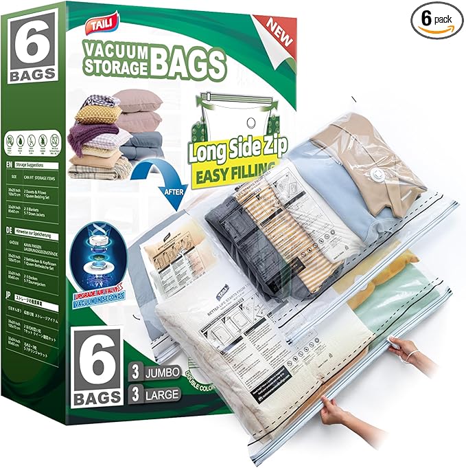 TAILI 6 Pack Vacuum Storage Bags, LONG SIDE ZIP (3 Large+3 Jumbo), Multi-Size Vacuum Seal Bags for Clothing, Storage Bulky Beddings, Comforters and Clothes, Space Saver for Closet Organization-NeatNest