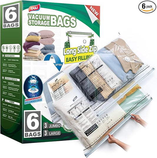 TAILI 6 Pack Vacuum Storage Bags, LONG SIDE ZIP (3 Large+3 Jumbo), Multi-Size Vacuum Seal Bags for Clothing, Storage Bulky Beddings, Comforters and Clothes, Space Saver for Closet Organization-NeatNest