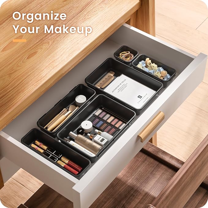A-LuGei 【28PCS】 Drawer Organizer, Bathroom Organizers and Storage, Makeup organizer, Desk drawer organizer, Storage Bins for Kitchen Office Bedroom Vanity Jewelry Pantry Garage【Black】【4Size】-NeatNest