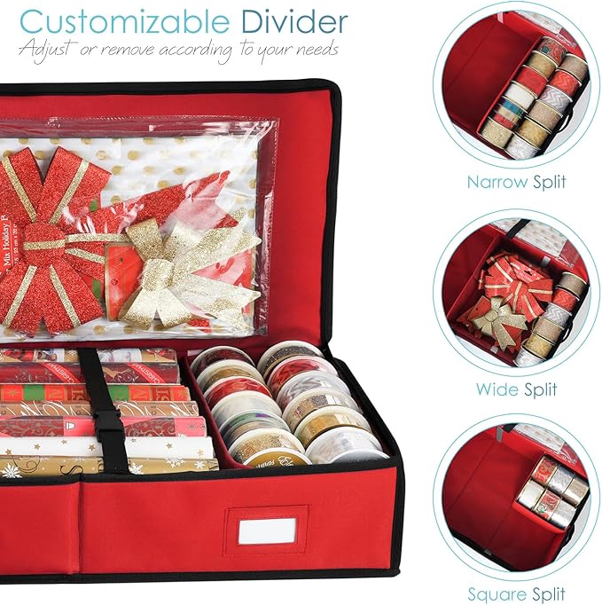 Hearth & Harbor Wrapping Paper Storage Container and Clear Wrap Paper Holder - Christmas Storage Bag with Interior Pockets - Fits Up to 36 Rolls of 40" - Tear Proof, Red-NeatNest