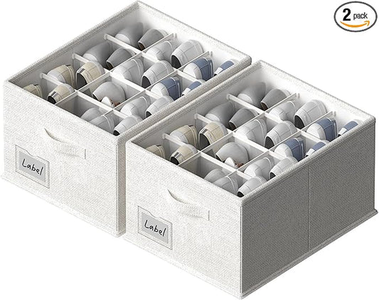 2 Pack Shoe Organizer for Closet,Fits up to 24 Pairs,Fabric Shoe Storage Bins,Large Shoe Box Storage Containers with Bottom Support for Shoes (White, (16.5 * 12.6 * 9.5) x1)-NeatNest