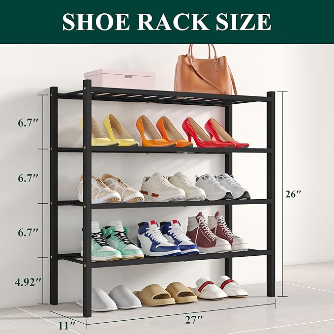 Smiry Shoe Rack, 4 Tier Bamboo Shoe Organizer, Stackable Free Standing Wooden Shoe Storage Shelf for Closet, Entryway, Front Door Entrance, Black-NeatNest