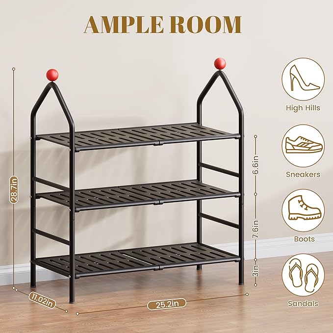Shoe Rack, 3-Tier Shoe Organizer, Metal Storage Shelf, Shoe Rack for Closet, Free Standing Shoe Racks for Entryway, Garage & Doorway, Sturdy Shoe Shelves, Black-NeatNest