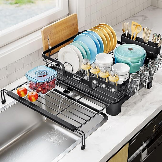 Dish Drying Rack, Extendable Dish Rack for Kitchen Counter, Large Sink Drying Dish Drainer, Stainless Steel Dish Strainer with Drainboard & Cups Holder, Black