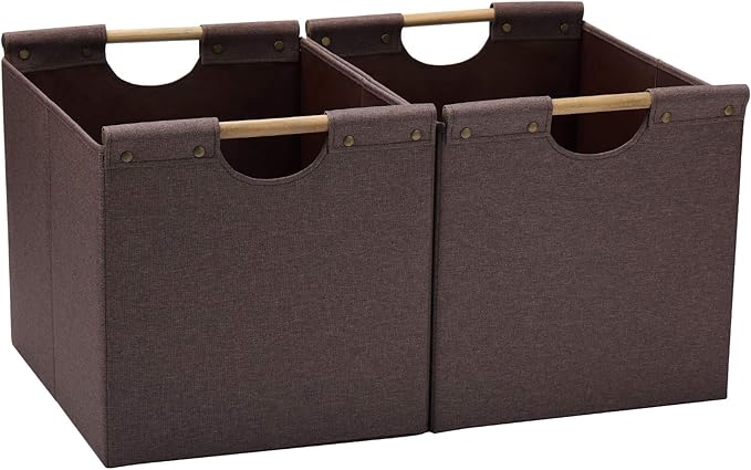 HOONEX Large Collapsible Storage Bins, Linen Fabric, 2 Pack, Storage Baskets with Wooden Carry Handles and Sturdy Heavy Cardboard, for Home, Office, Car, Nursery, Brown