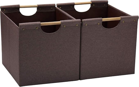HOONEX Large Collapsible Storage Bins, Linen Fabric, 2 Pack, Storage Baskets with Wooden Carry Handles and Sturdy Heavy Cardboard, for Home, Office, Car, Nursery, Brown