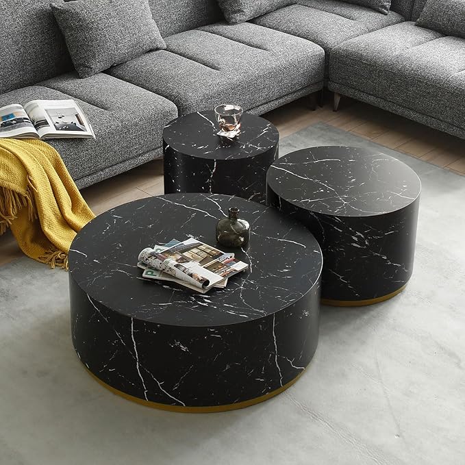 kevinplus Round Black Coffee Table Side Table End Table for Living Room, Drum Circle Wood Coffee Table Modern Contemporary Coffee Table for Apartment, Marble Grain, Black & Gold (ø35.4'' x 13.7'')