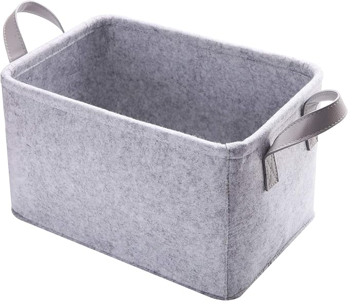 Collapsible Storage Bins Foldable Felt Fabric Storage Basket Organizer Boxes Containers with Handles PU Handles for Nursery Toys,Kids Room,Clothes,Towels,Magazine (PU-Light grey, 15.9L×11W×9.8H)-NeatNest