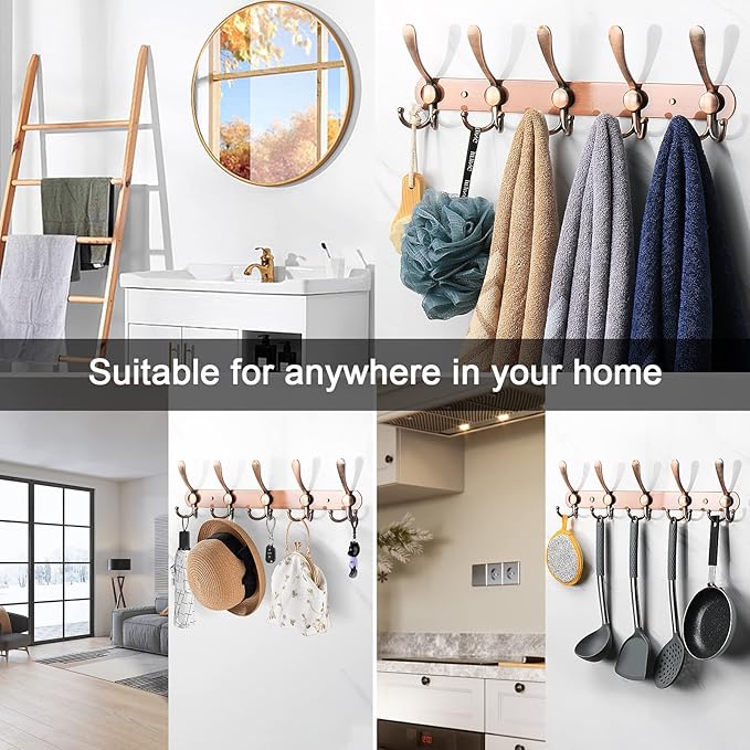 NearMoon Coat Rack Wall Mounted-2 Pack, Heavy Duty Bath Towel Hooks Stainless Steel Robe Hooks Holder, Metal Coat Hook for Towel Coat Hat Key Bathroom Bedroom Hotel Entryway (5 Hooks, Antique Copper)
